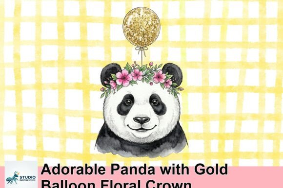 Download Adorable Panda with Gold Balloon Floral Crown - Premium Bundle